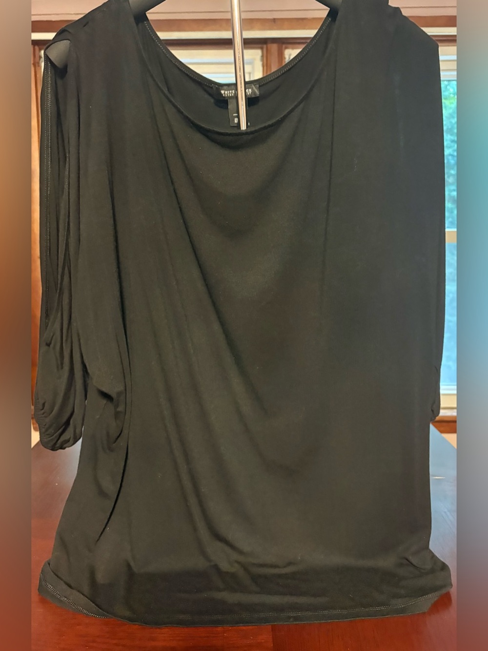 WHBM Matte Jersey Cold Shoulder Split Sleeve Blouse Top Black Size L